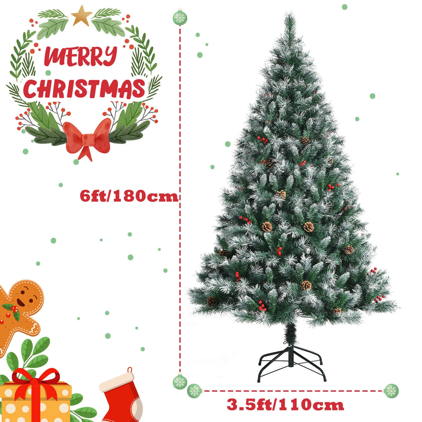 180cm Snow Flocked Christmas Tree with Pine Cone and Red Berry