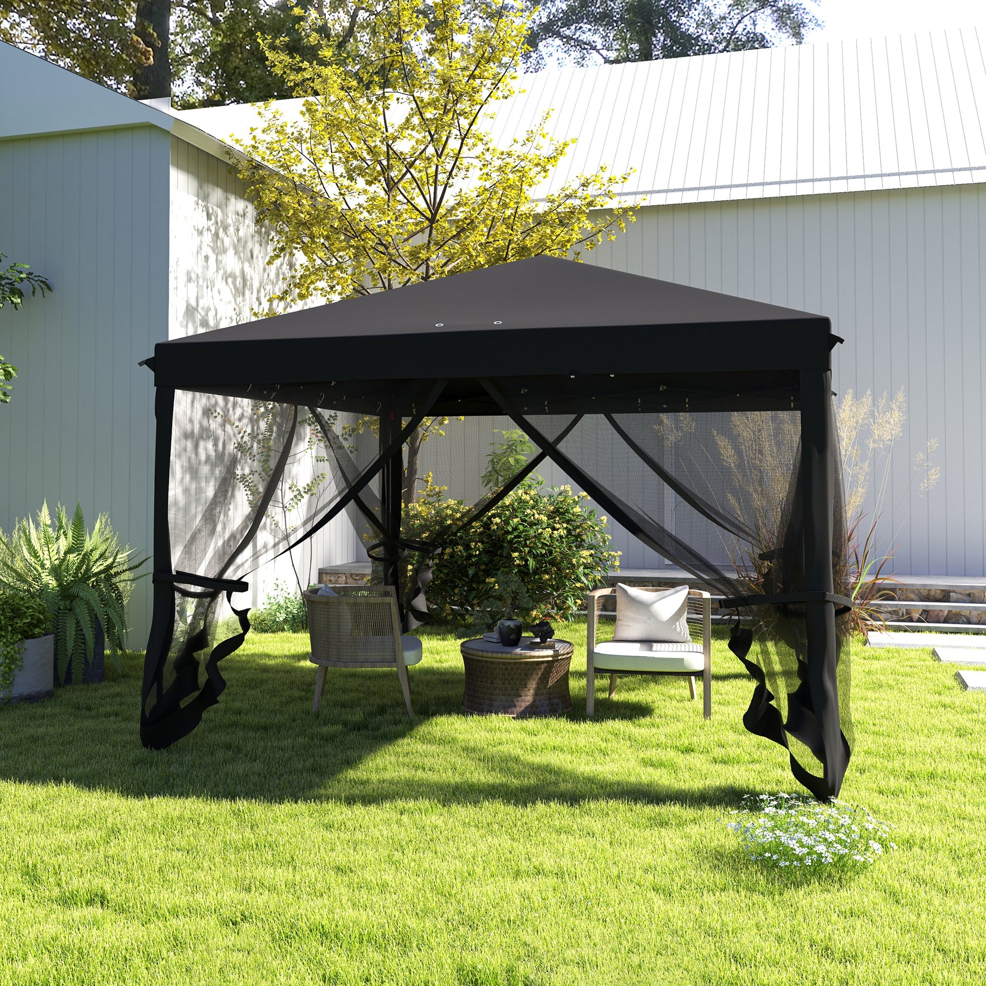 Outsunny 3 x 3 m Pop Up Gazebo, 420D Garden Tent Canopy with Removable Mesh Sidewall Netting, Carry Bag for Garden Patio Outdoor, Black
