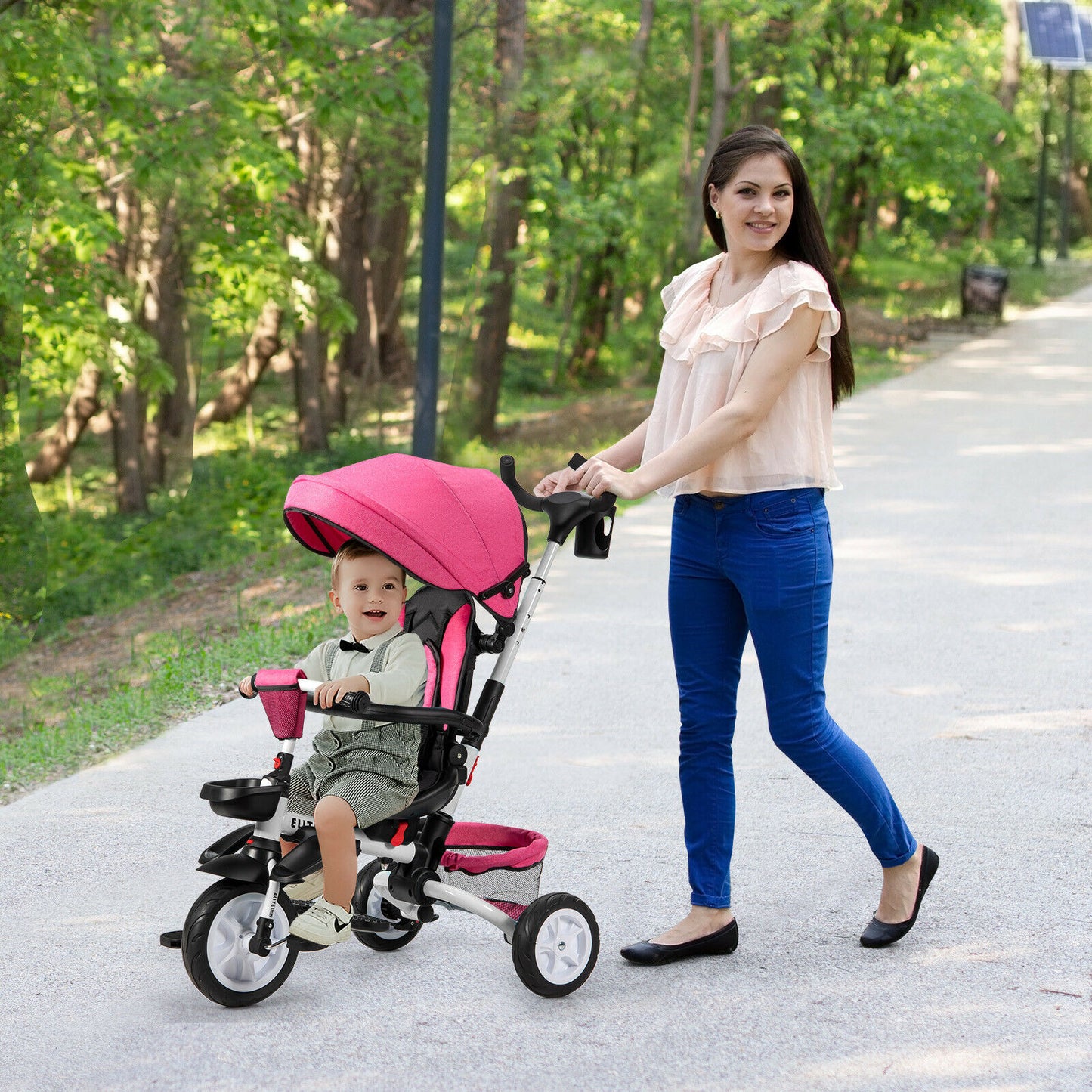 Folding Toddler Tricycle Travel System with 360° Seat and Parent Handle-Pink