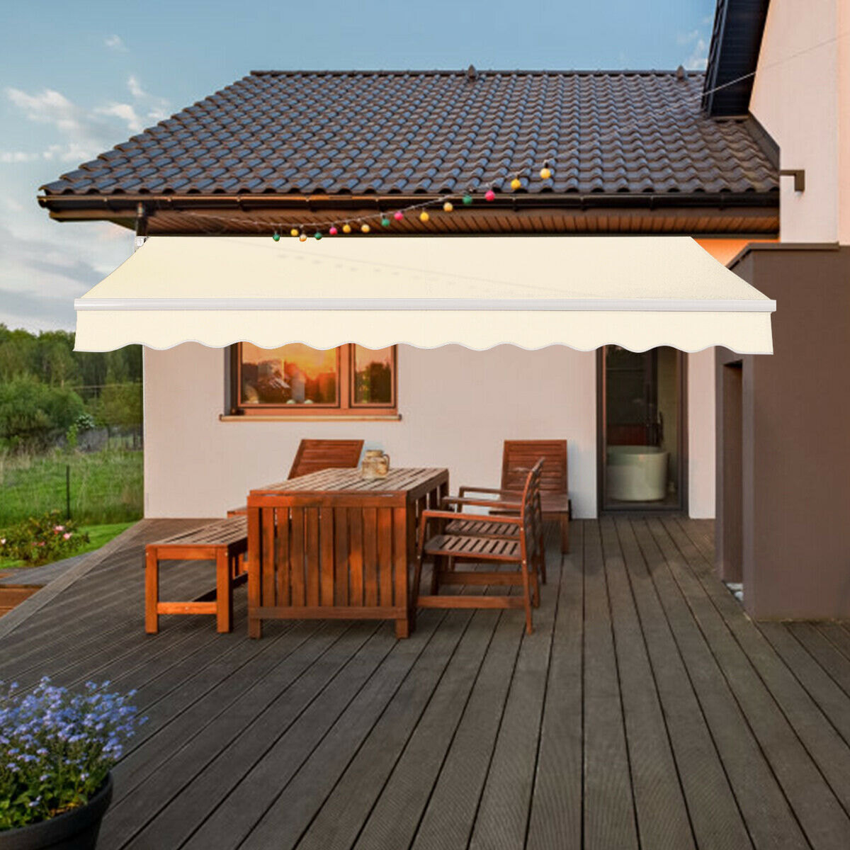 Retractable Manual Awning Canopy Patio Shade Shelter-Beige