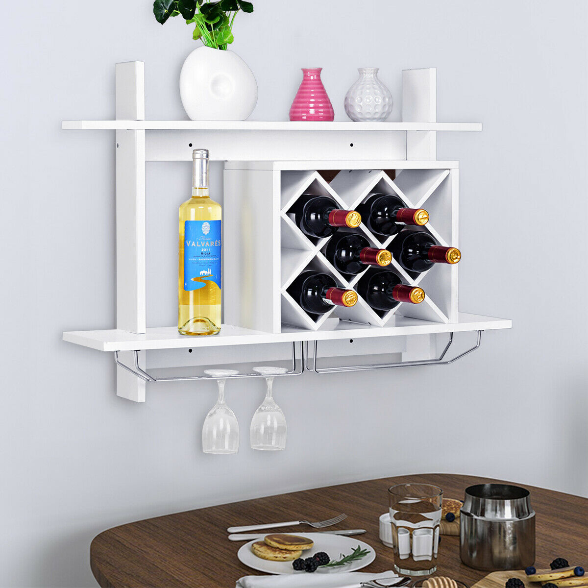 Wall Mounted Wine Rack for 6-Bottles with Storage Display