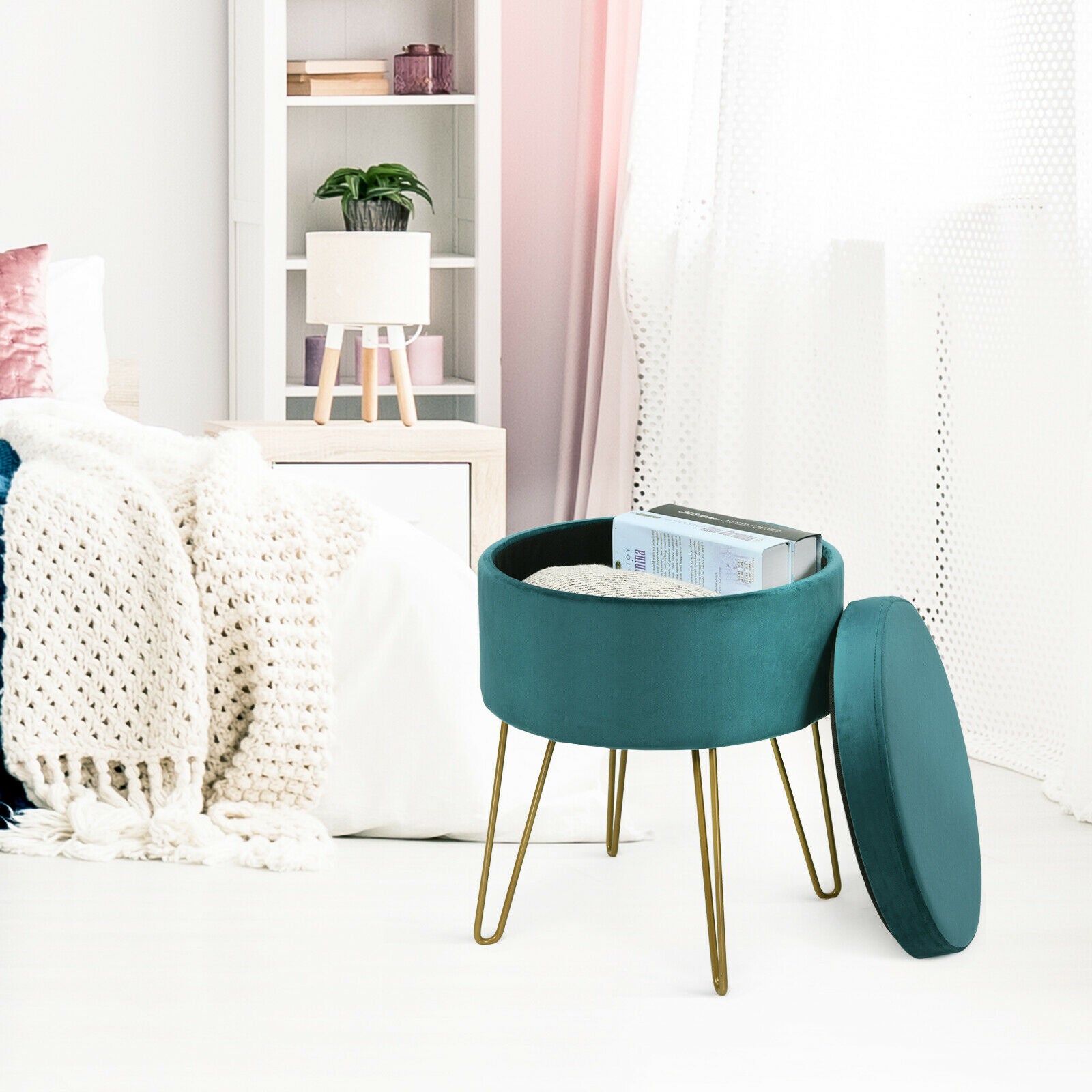 Round Velvet Ottoman Stool with Hairpin Legs-Green