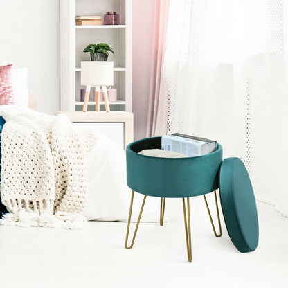 Round Velvet Ottoman Stool with Hairpin Legs-Green