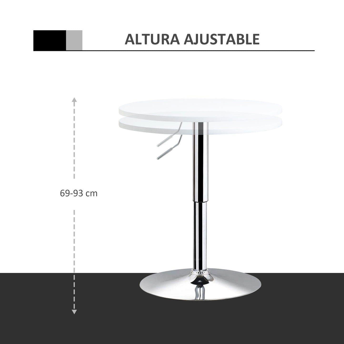 HOMCOM Bar Table ?60cm Adjustable Height Round Bistro Table w/ Swivel Top Metal Frame Counter Surface Stylish Kitchen Conservatory White