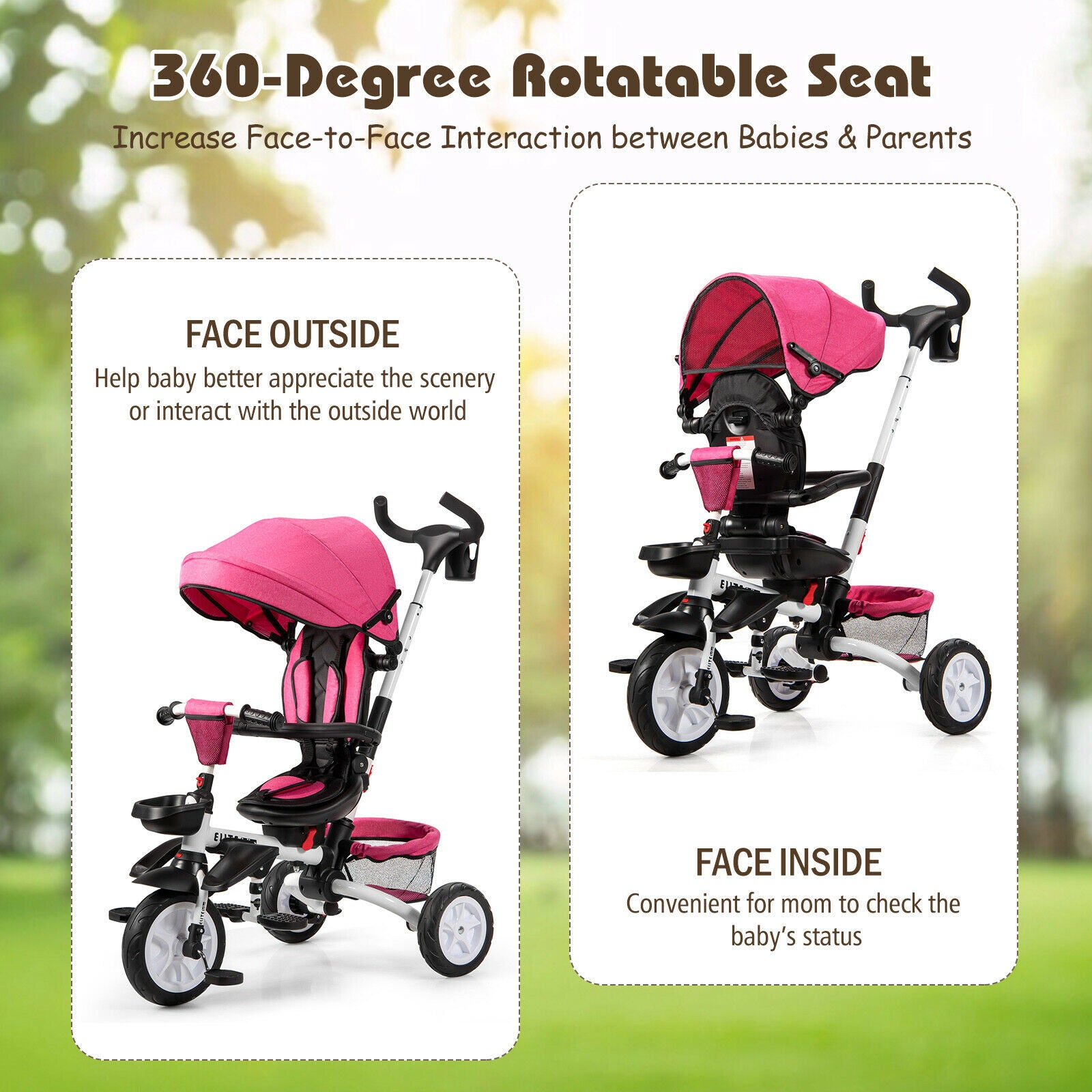 Folding Toddler Tricycle Travel System with 360° Seat and Parent Handle-Pink