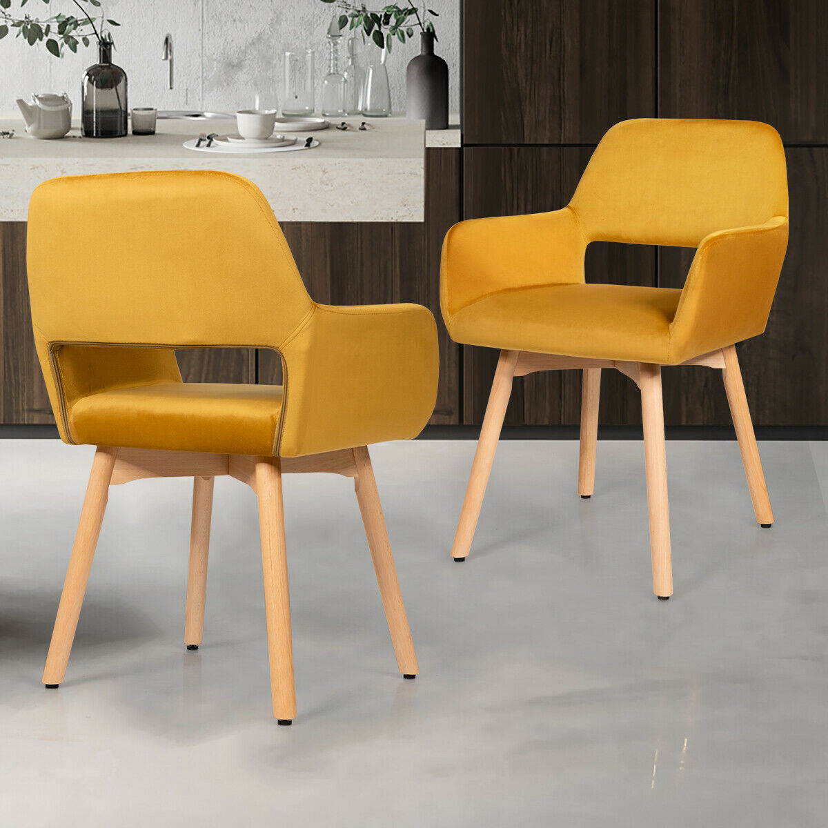 2 Pieces Retro Styled Velvet Chairs-Yellow
