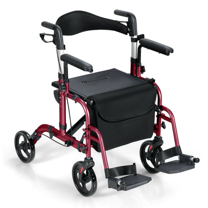 2-In-1 Rollator Walker with Reversible Backrest and Height-Adjustable Handle-Red
