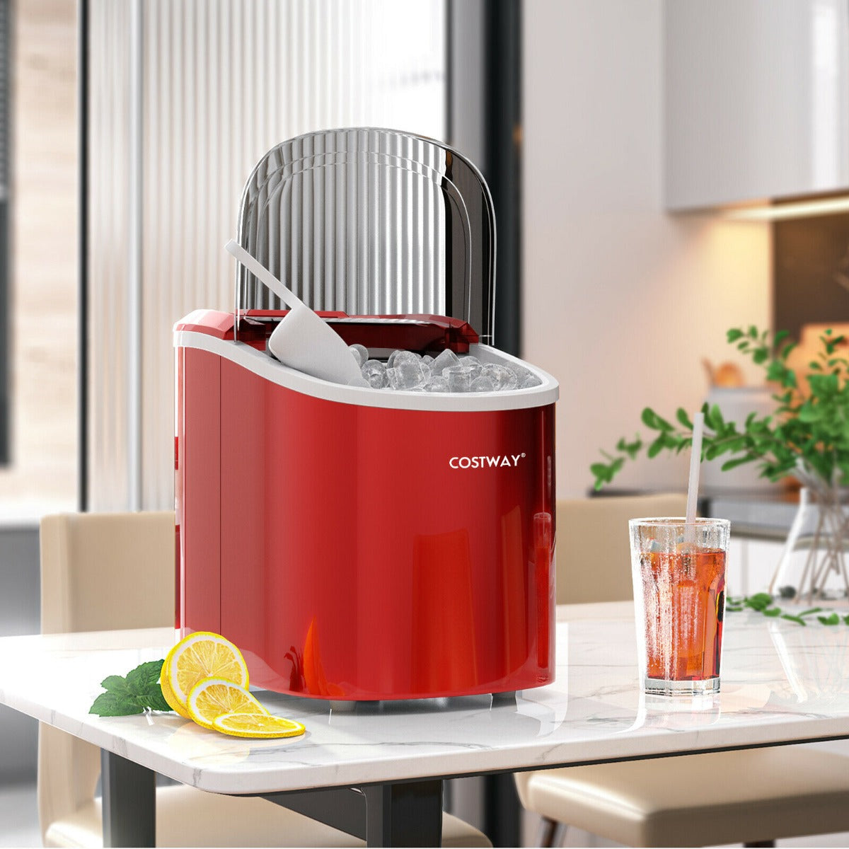 2.2 L Portable Electric Ice Cube Maker with Ice Scoop and Basket-Red