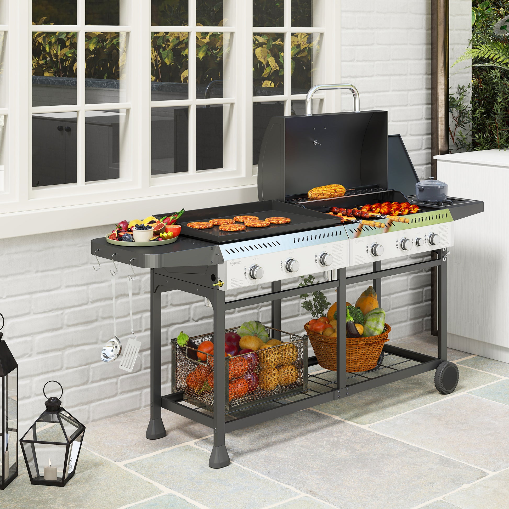 Outsunny Deluxe Duo Gas BBQ, with Grill, Plancha and Side Burner - Black