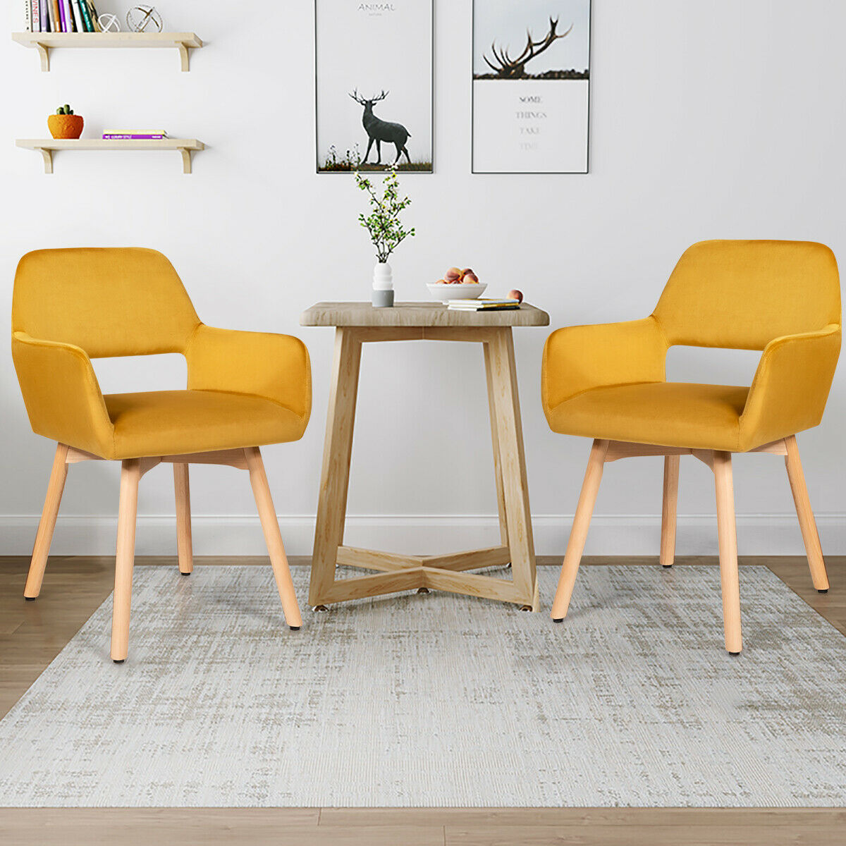 2 Pieces Retro Styled Velvet Chairs-Yellow