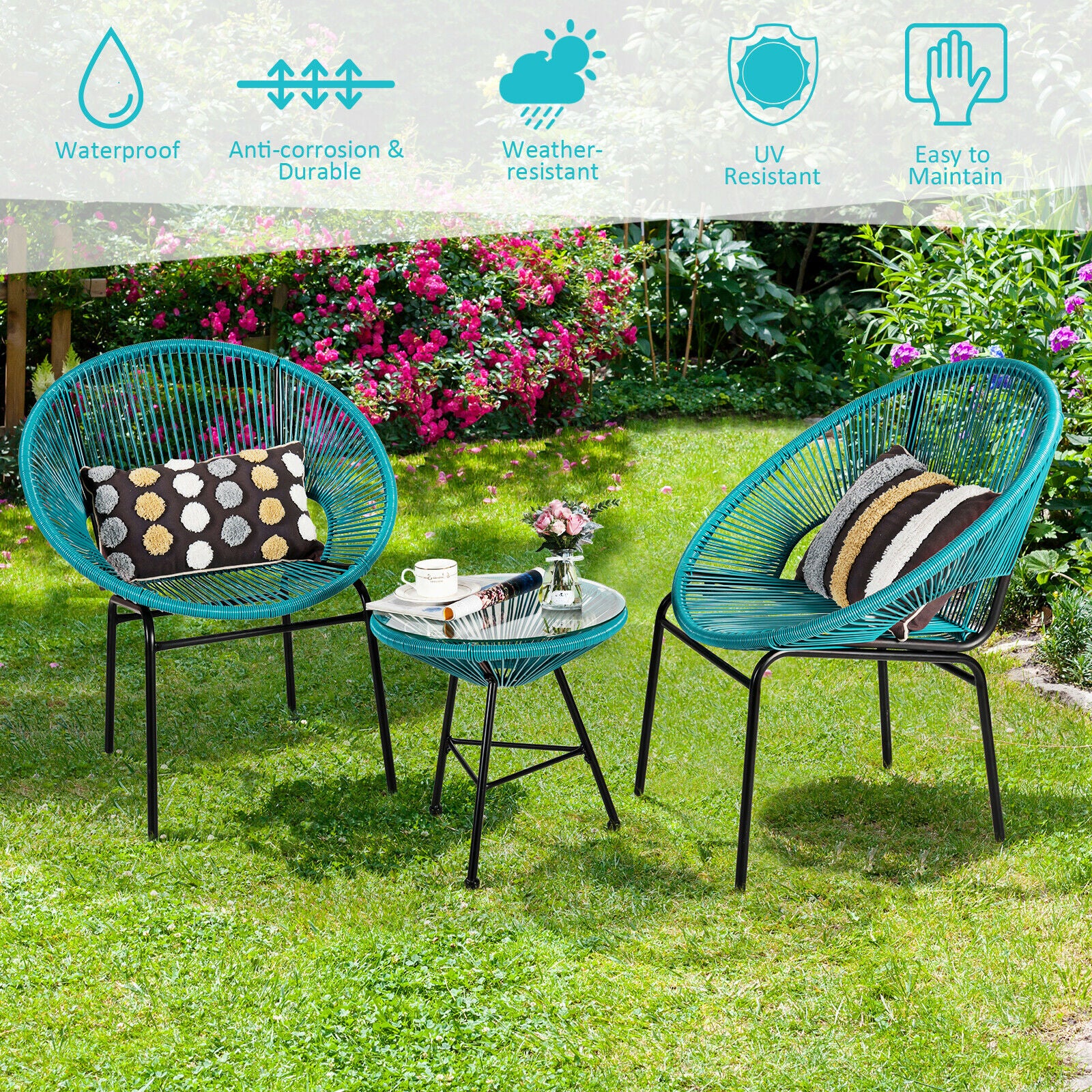 3Pcs Patio Rattan Woven Furniture Set with Glass Table-Green