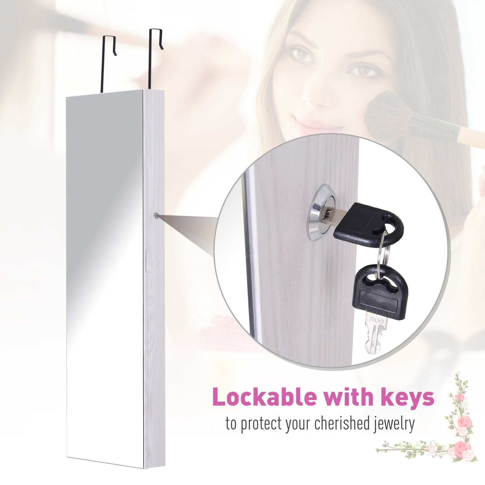 HOMCOM Mirrored Jewellery Storage Cabinet Door Mounted/Wall mounted Organiser Hanging Lockable w/ 6 Inner LED Lights White