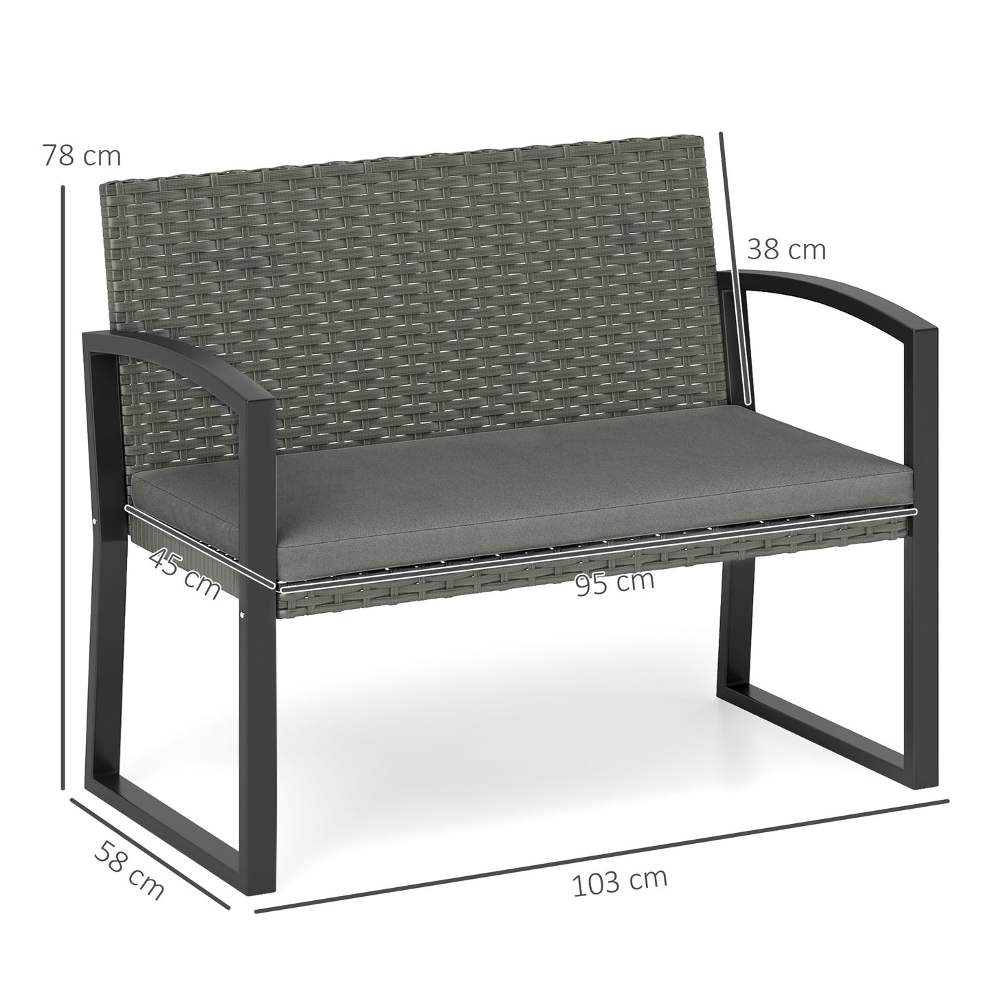 Outsunny Two-Seater Rattan Garden Bench - Grey/Black