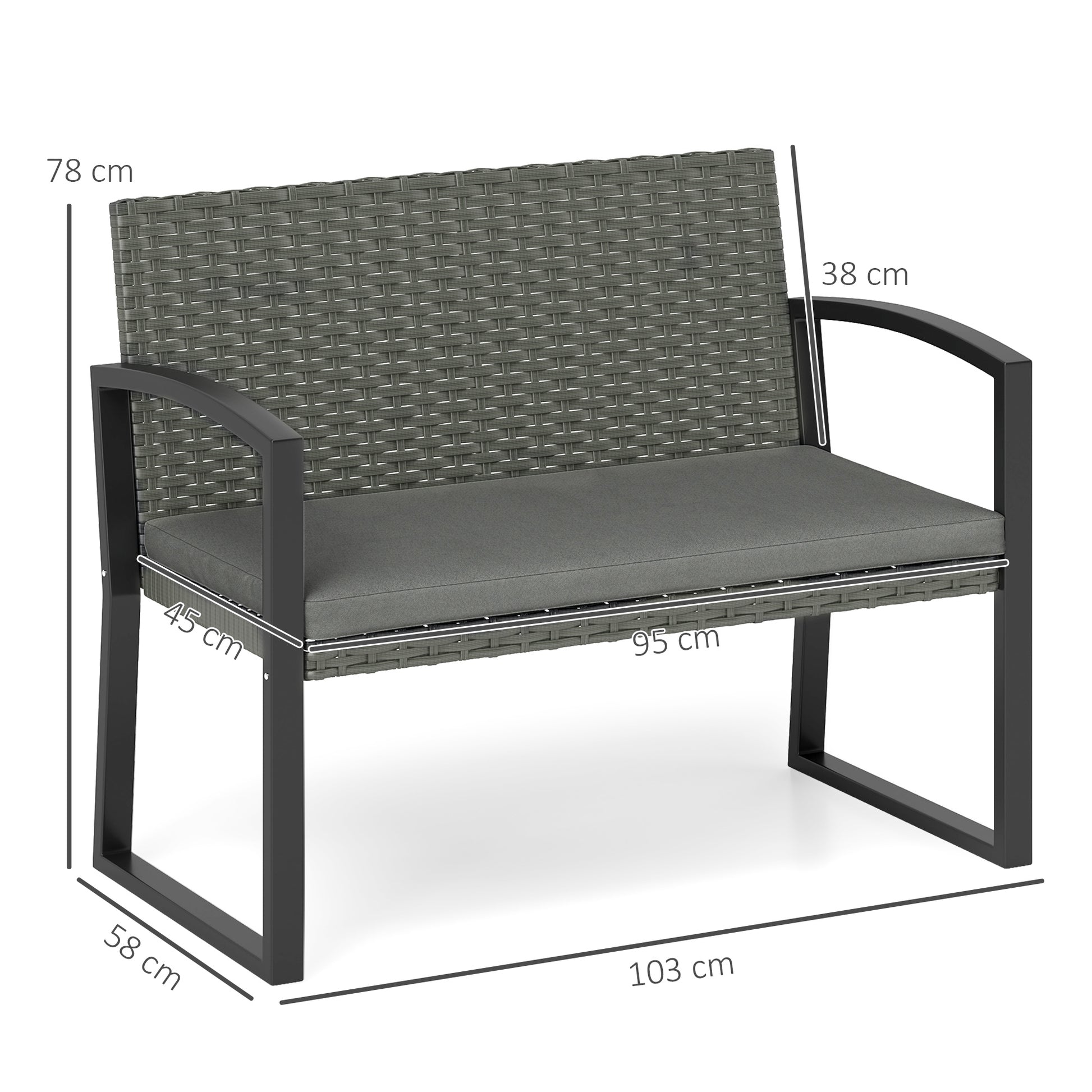Outsunny Two-Seater Rattan Garden Bench - Grey/Black