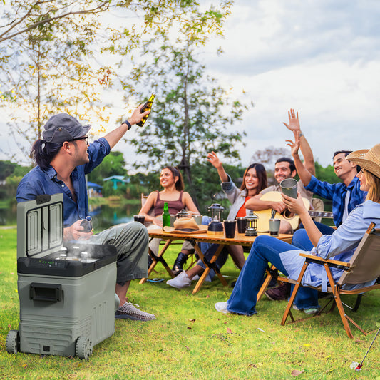 Outsunny 45L Car Fridge Freezer Dual Zone, Portable Camping Fridge 12V/24V DC & 100-240V AC, Electric Cool Box -20?-20? with Wheels and LED Light, for Travel, RV, Road Trip, Picnic