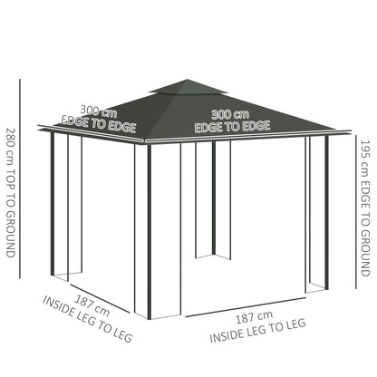 Outsunny 3 x 3(m) Steel Frame Double Roof Garden Gazebo - Grey
