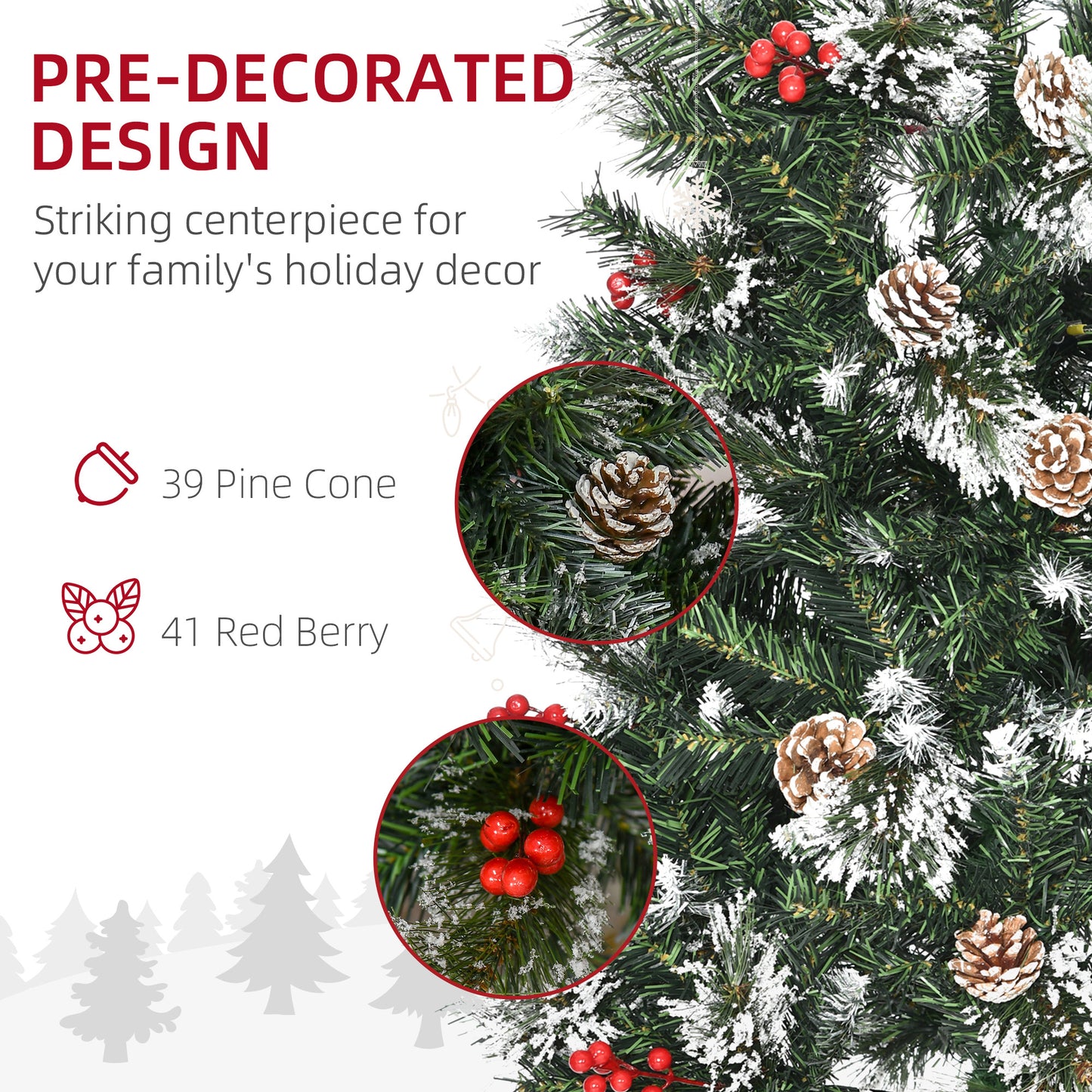 HOMCOM 7 Foot Snow Dipped Artificial Christmas Tree Slim Pencil Xmas Tree with 738 Realistic Branches, Pine Cones, Red Berries, Auto Open, Green