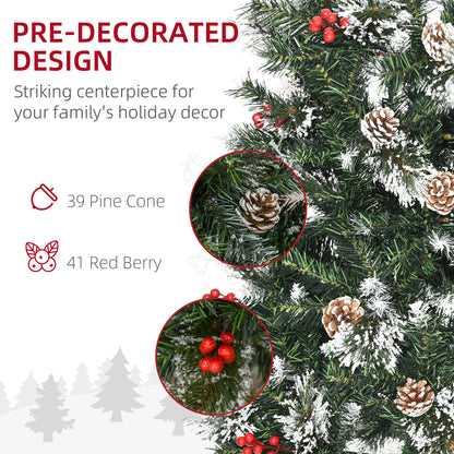 HOMCOM 7 Foot Snow Dipped Artificial Christmas Tree Slim Pencil Xmas Tree with 738 Realistic Branches, Pine Cones, Red Berries, Auto Open, Green