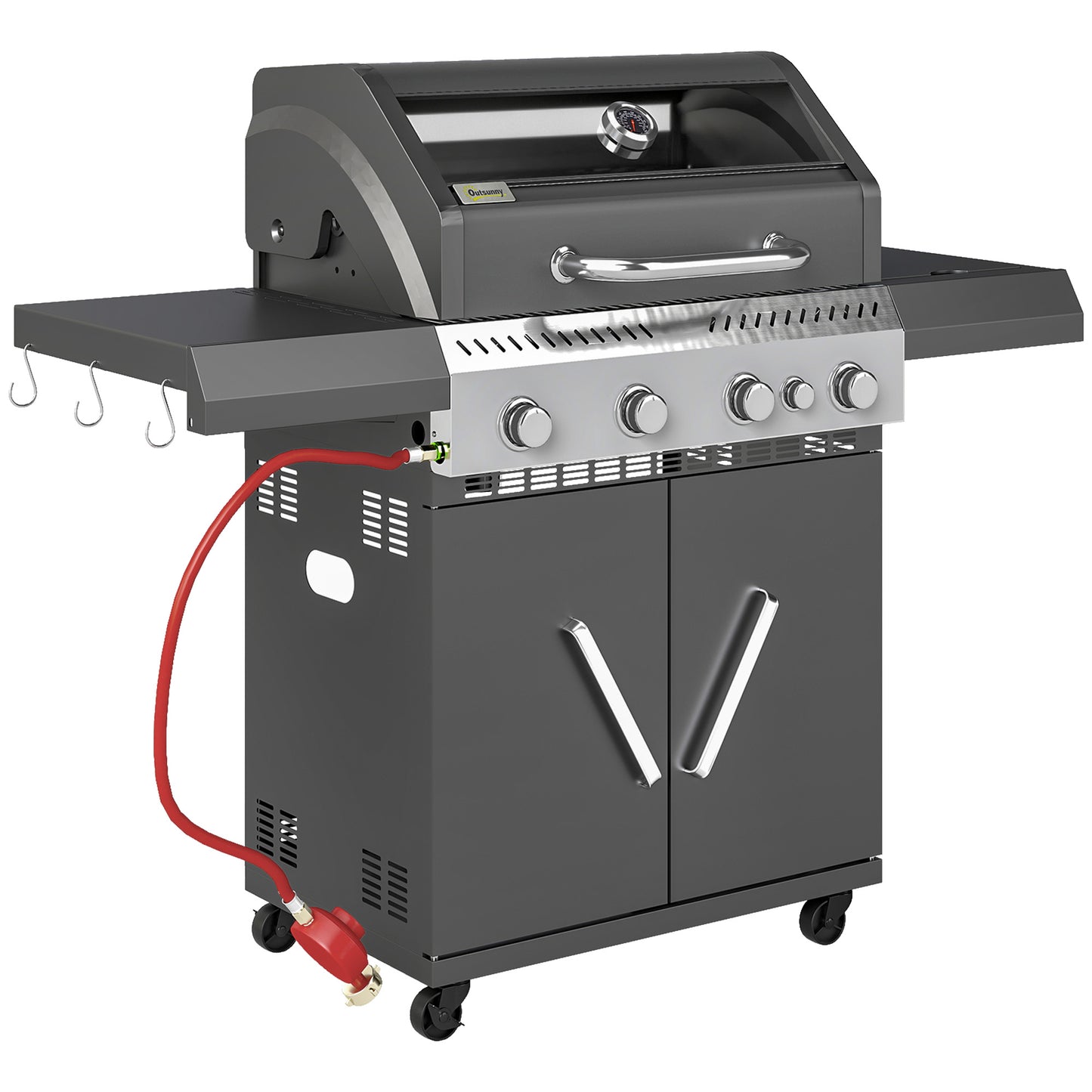 Outsunny 4+1 Burner Gas BBQ Grill with Clear View Lid, Portable Gas Barbecue Grill with Built-in Thermometer, Side Table, Cabinet, Wheels, Grease Tray for Garden Party Outdoor Cooking, Black