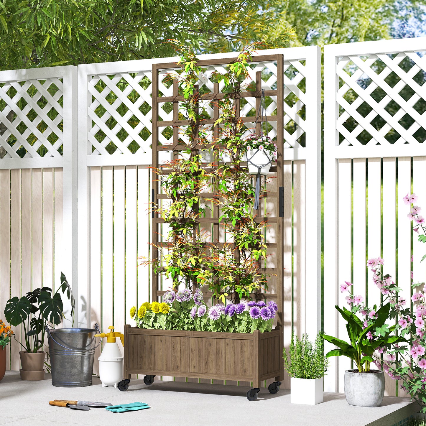 Outsunny Wooden Trellis Planter, Raised Garden Bed with Wheels, to Climb and Grow Vegetables, Herbs and Flowers, Brown