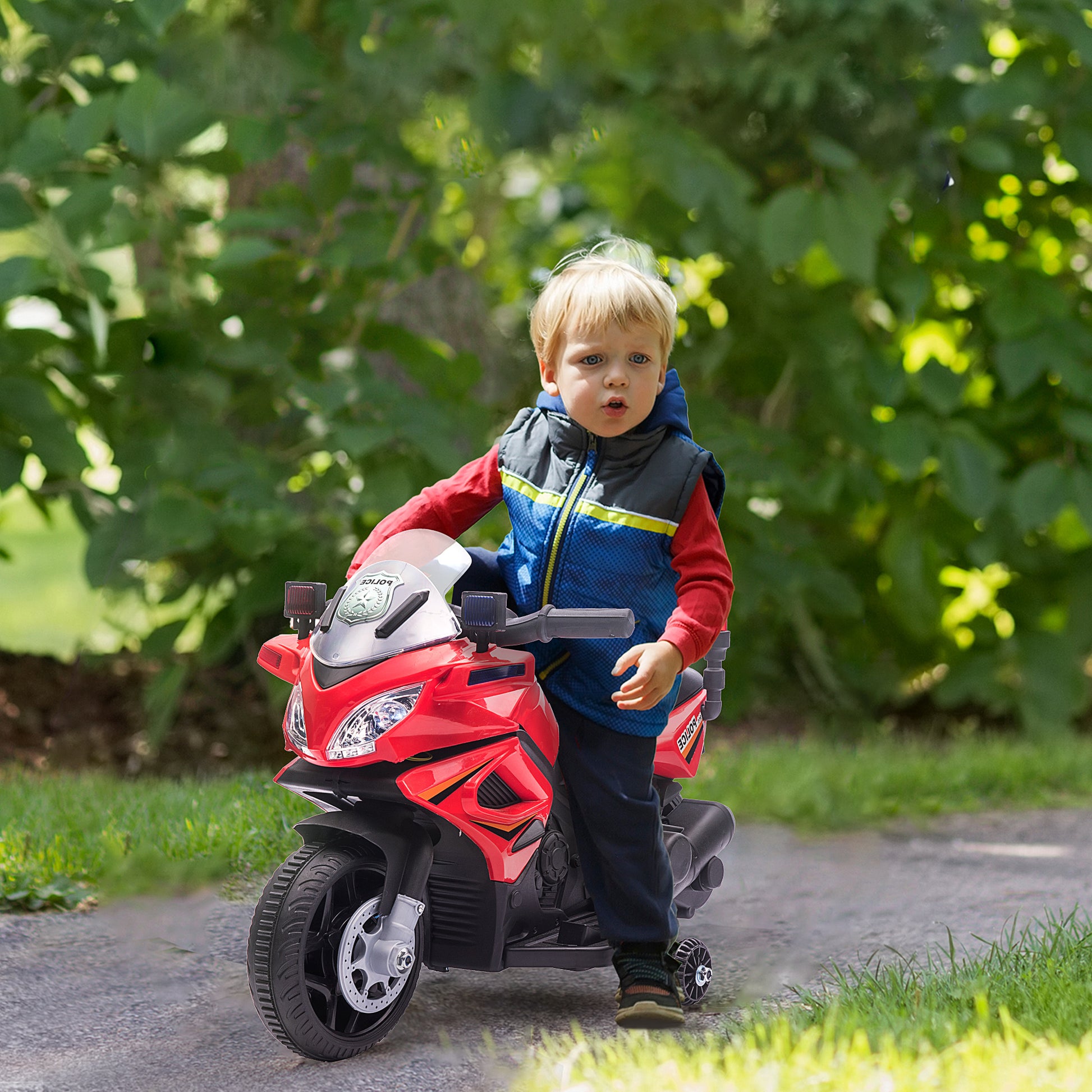 HOMCOM Kids 6V Electric Ride On Motorcycle Police Car Vehicle w/ Lights Horn Realistic Sound Outdoor Play Toy for 18 - 36 months Red