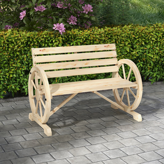 Outsunny Wagon Wheel Chair Bench Armrest Rustic Loveseat Wood Outdoor Garden, Natural