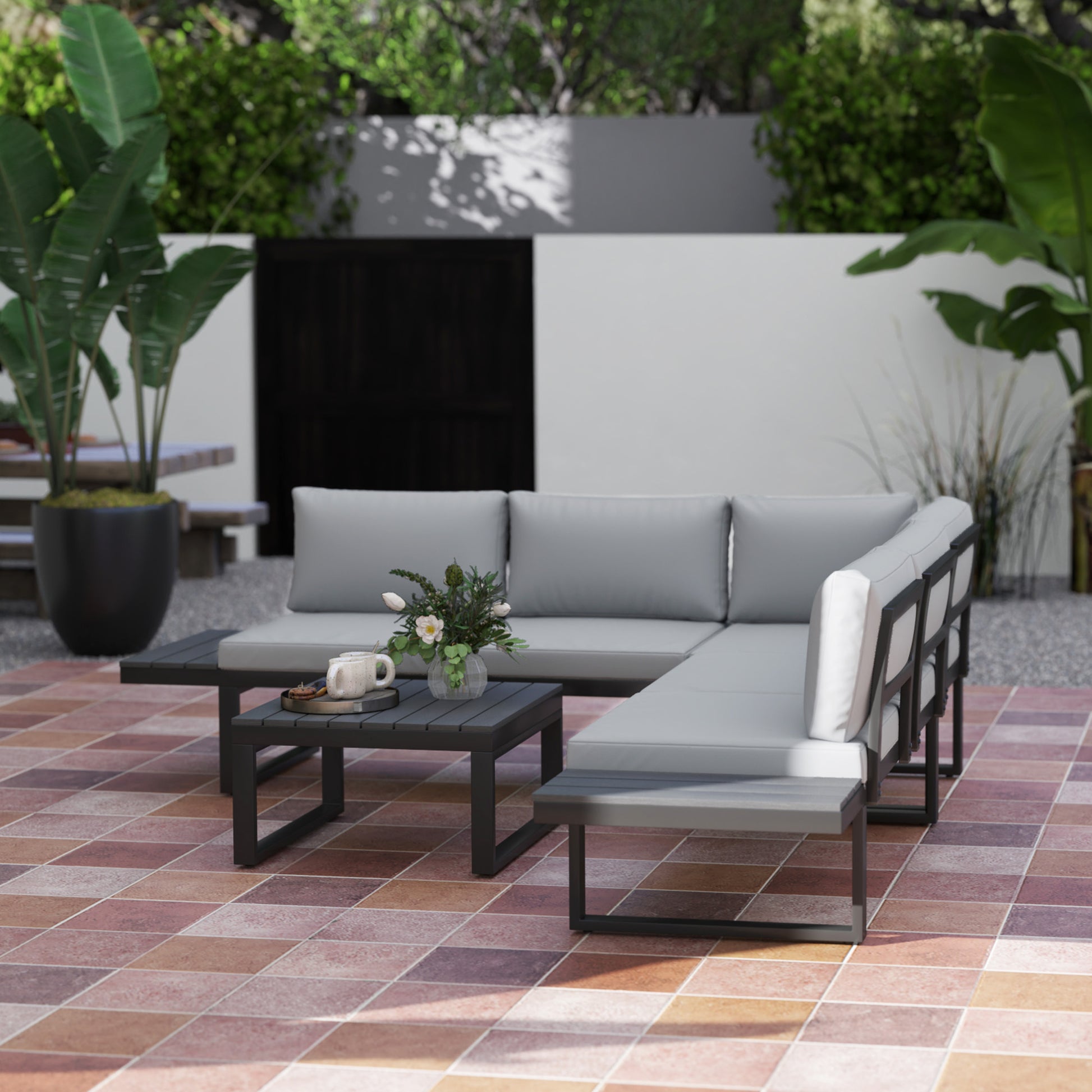 Outsunny 4 Pieces Garden Furniture Set, 5-Level Reclining Garden Corner Sofa Set, Outdoor Lounge Conversation Sectional with Cushions, Wood Effect Plastic Table, Black Frame & Light Grey Cushion