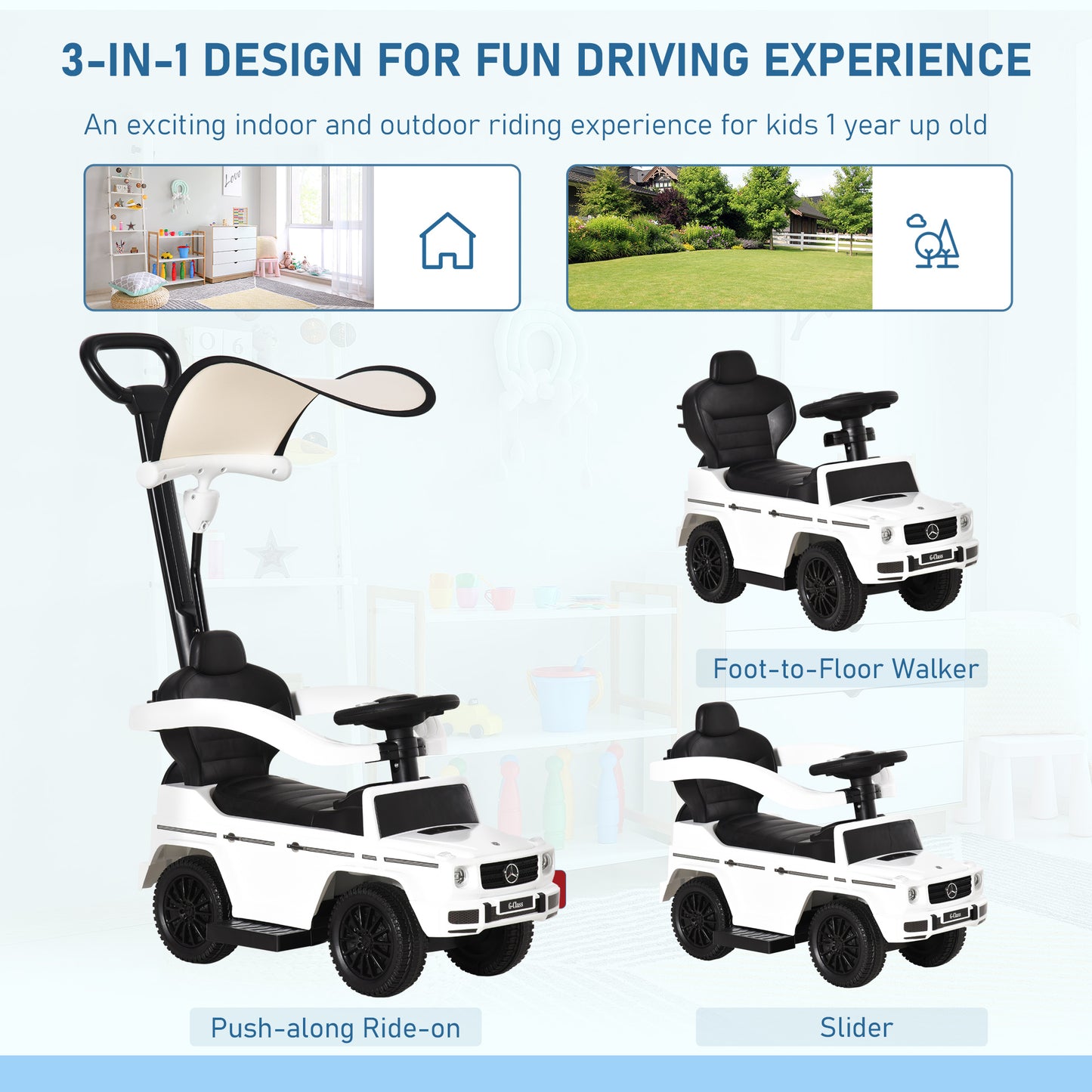 HOMCOM Mercedes-Benz G350 Ride-On Push Along Car Sliding Walker Foot to Floor Slider Stroller Toddler Vehicle with Horn Steering Wheel NO POWER White