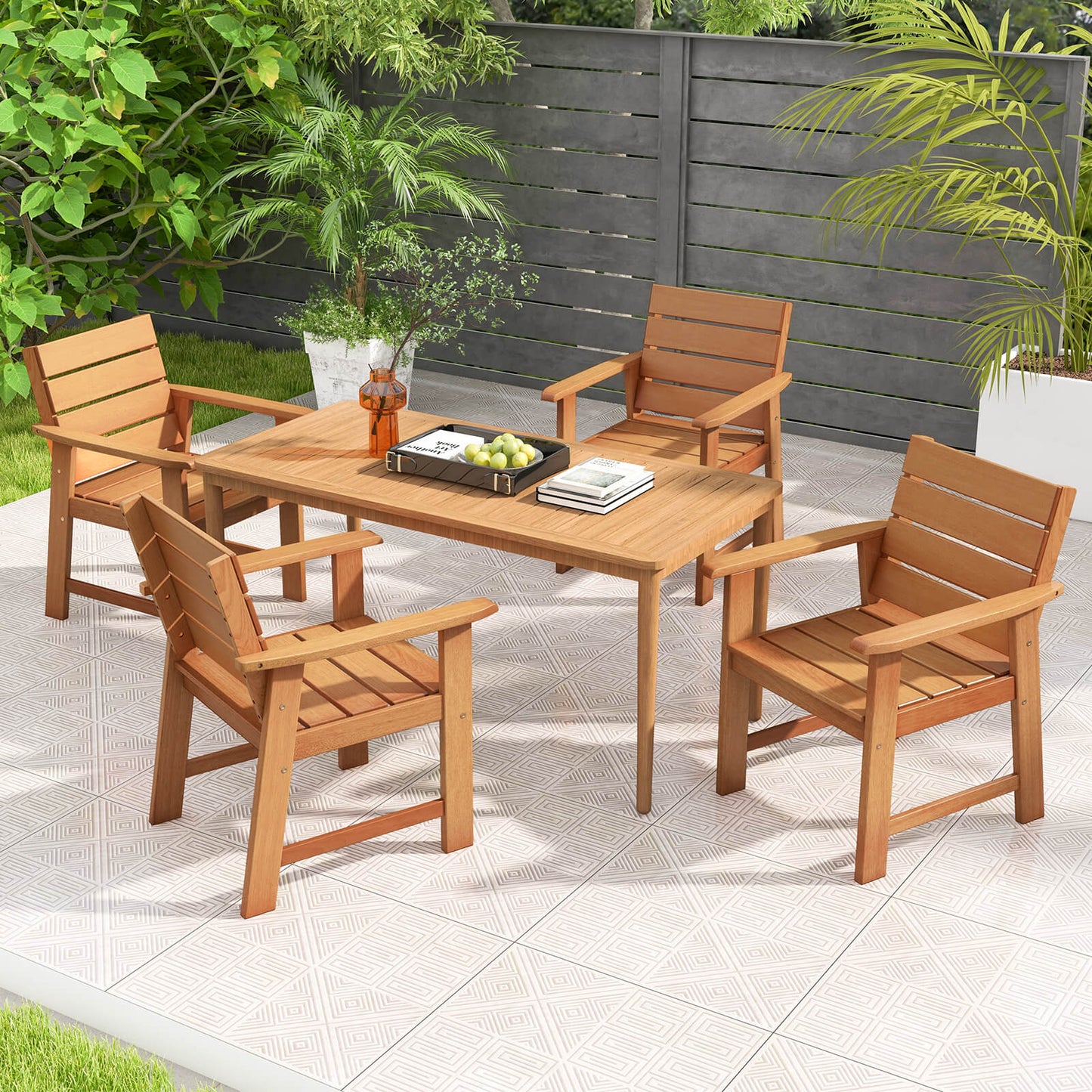 2 Piece Patio Hardwood Chair Dining Armchairs with Slatted Seat