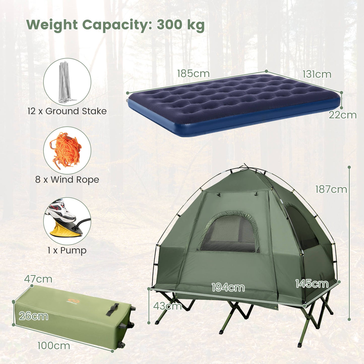 2-Person Camping Tent Cot Folding Camping Bed with Sleeping Bag