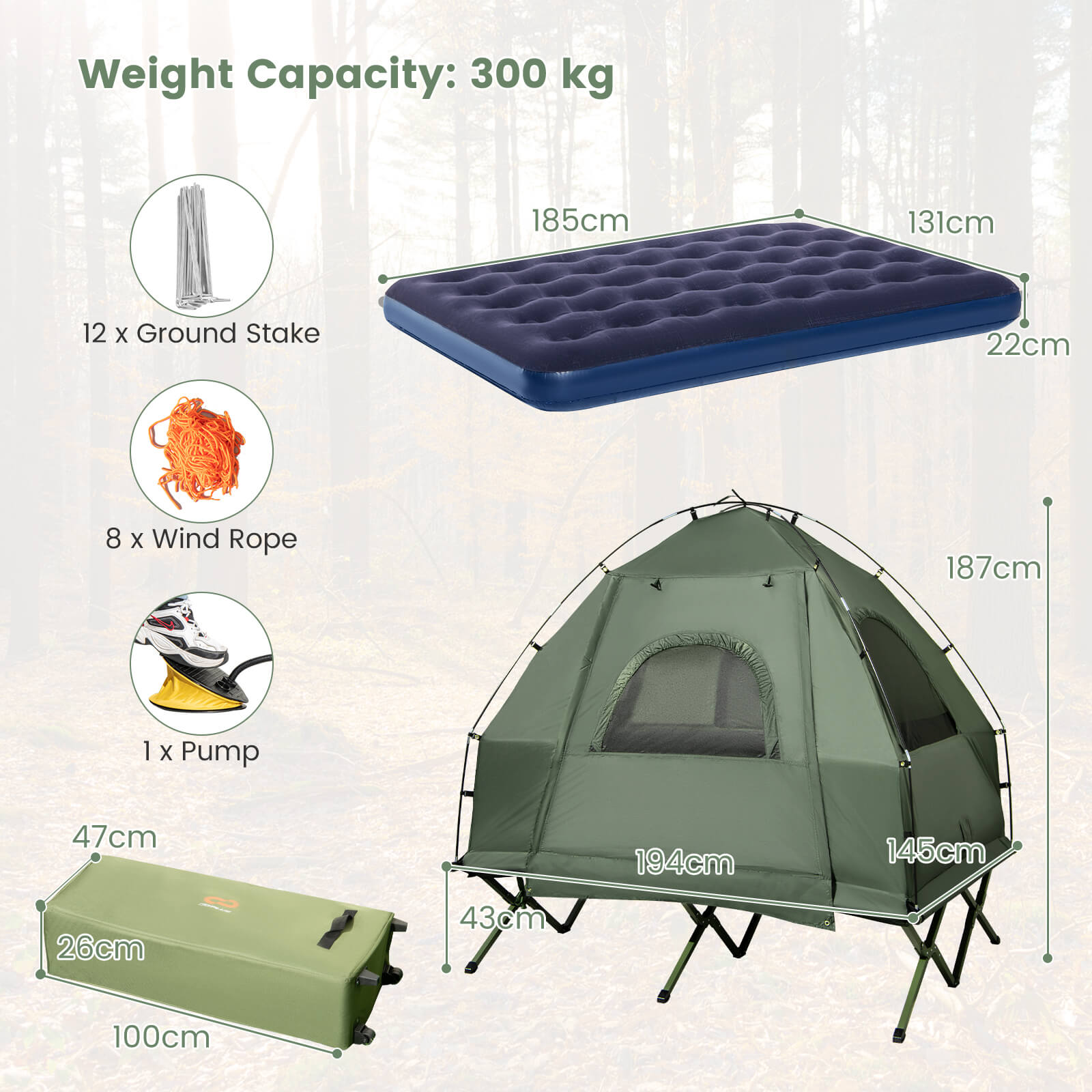 2-Person Camping Tent Cot Folding Camping Bed with Sleeping Bag