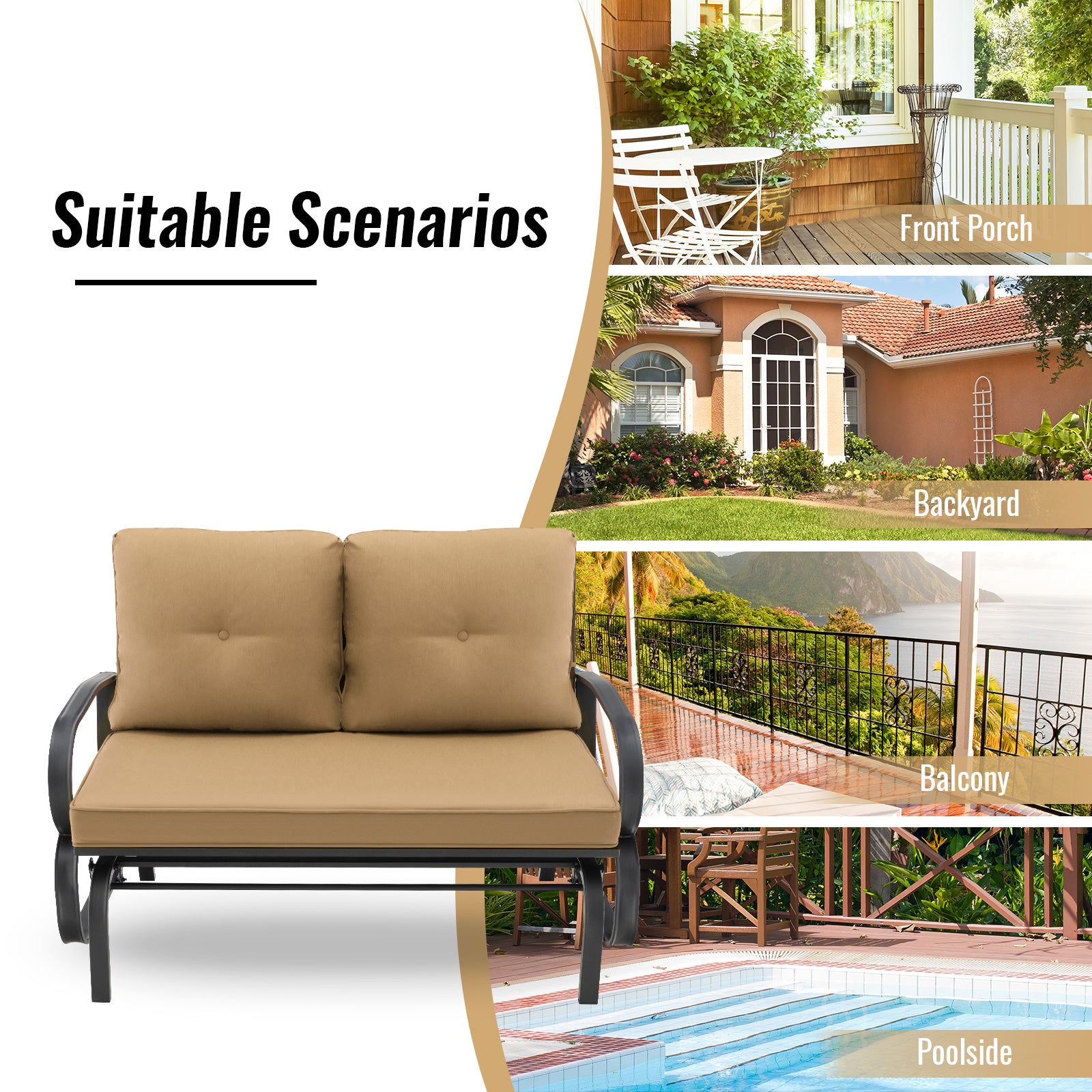 2-Person Outdoor Glider Bench with Cushions and Rustproof Steel Frame-Beige