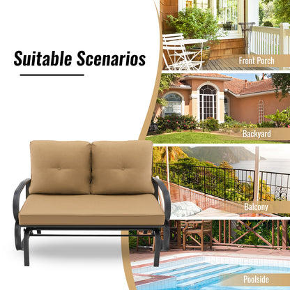 2-Person Outdoor Glider Bench with Cushions and Rustproof Steel Frame-Beige