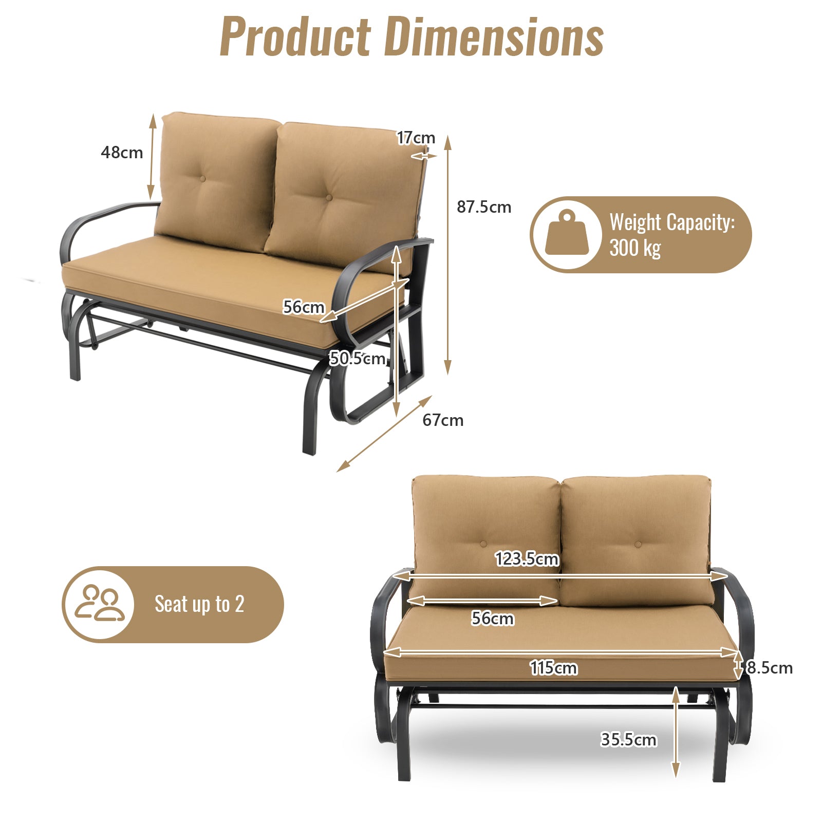 2-Person Outdoor Glider Bench with Cushions and Rustproof Steel Frame-Beige