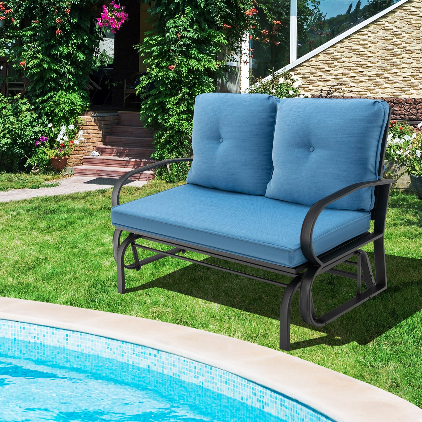 2-Person Outdoor Glider Bench with Cushions and Rustproof Steel Frame-Blue