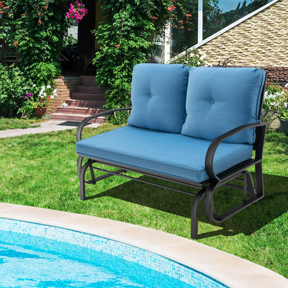 2-Person Outdoor Glider Bench with Cushions and Rustproof Steel Frame-Blue