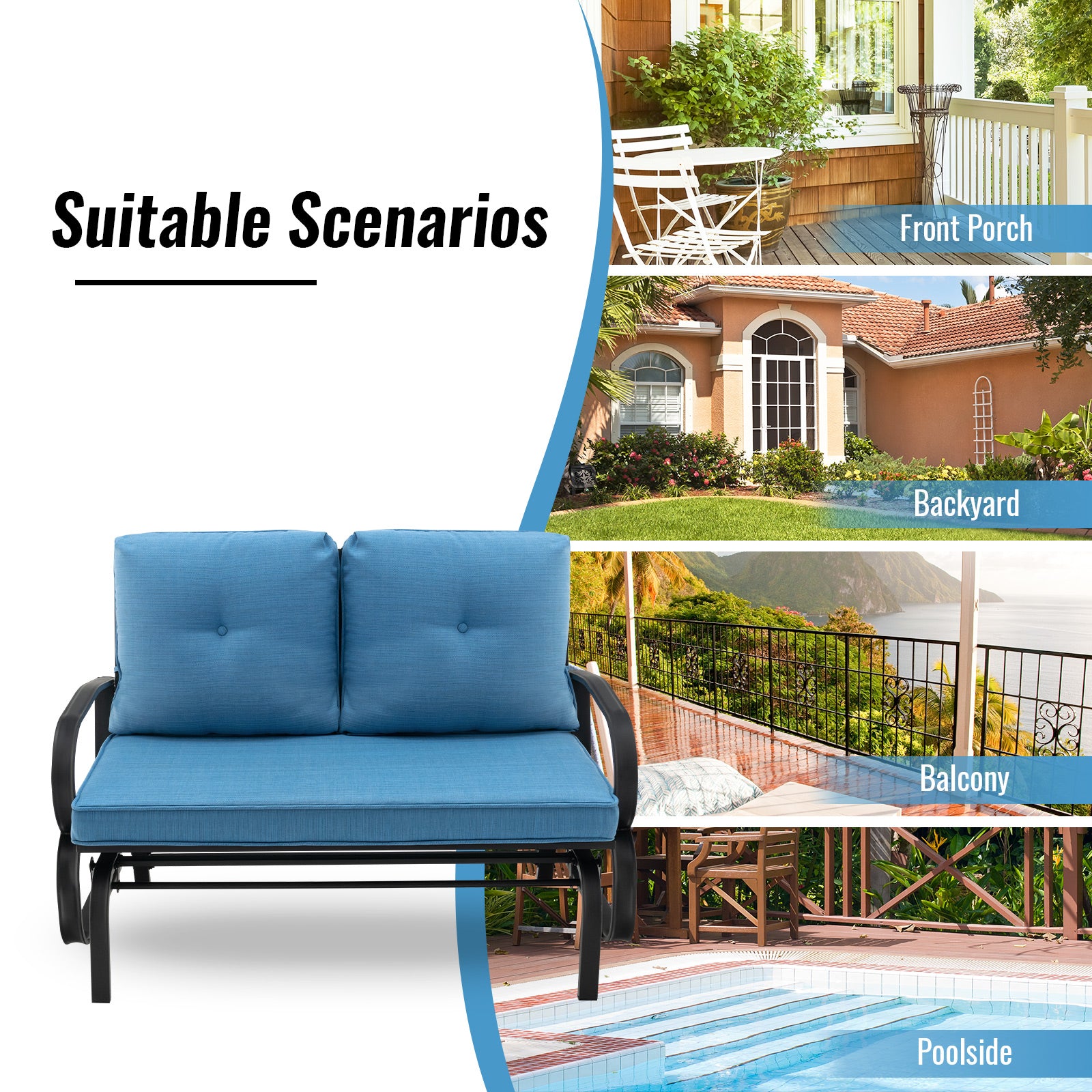 2-Person Outdoor Glider Bench with Cushions and Rustproof Steel Frame-Blue