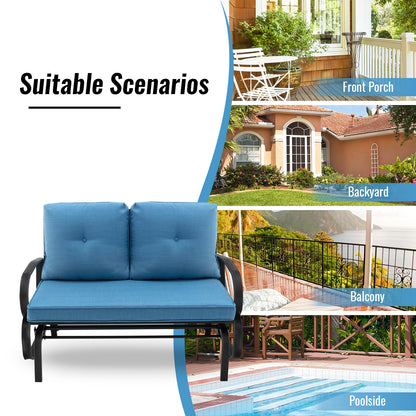 2-Person Outdoor Glider Bench with Cushions and Rustproof Steel Frame-Blue