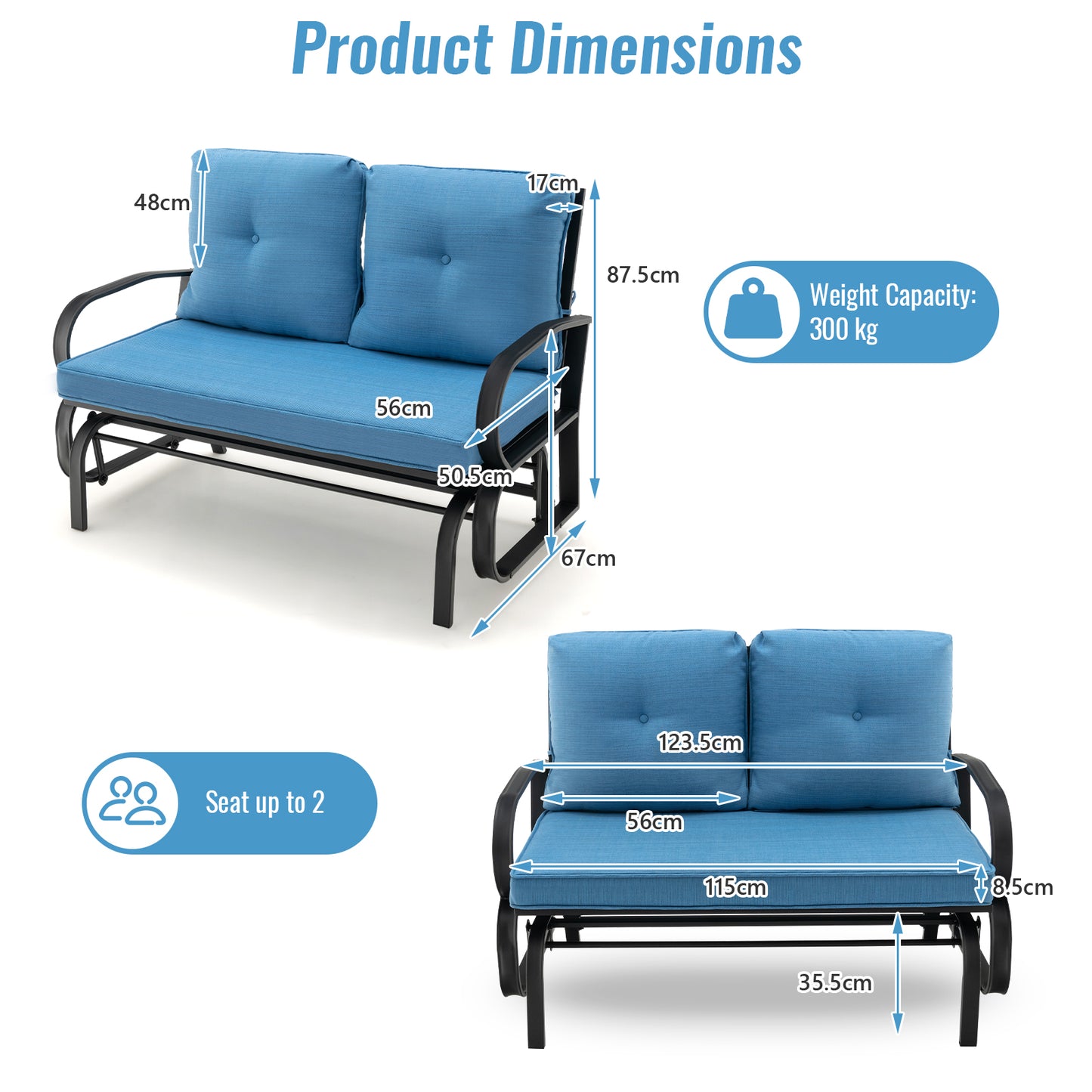 2-Person Outdoor Glider Bench with Cushions and Rustproof Steel Frame-Blue