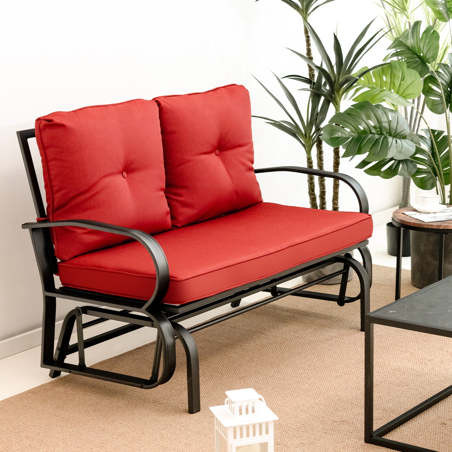 2-Person Outdoor Glider Bench with Cushions and Rustproof Steel Frame-Brick Red
