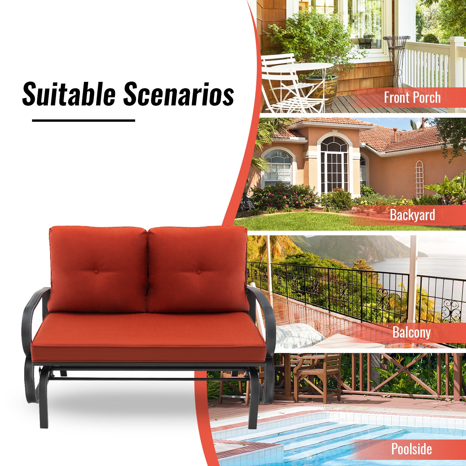 2-Person Outdoor Glider Bench with Cushions and Rustproof Steel Frame-Brick Red