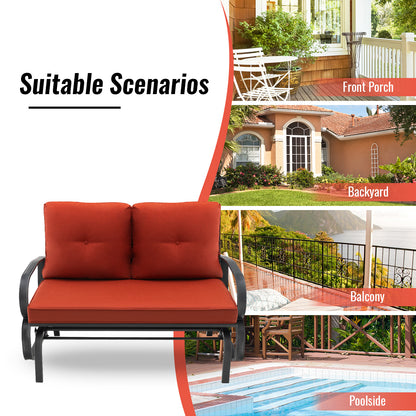 2-Person Outdoor Glider Bench with Cushions and Rustproof Steel Frame-Brick Red