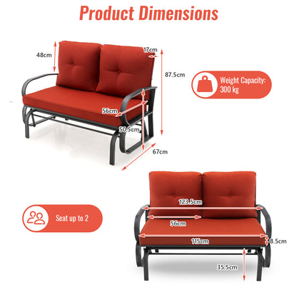 2-Person Outdoor Glider Bench with Cushions and Rustproof Steel Frame-Brick Red