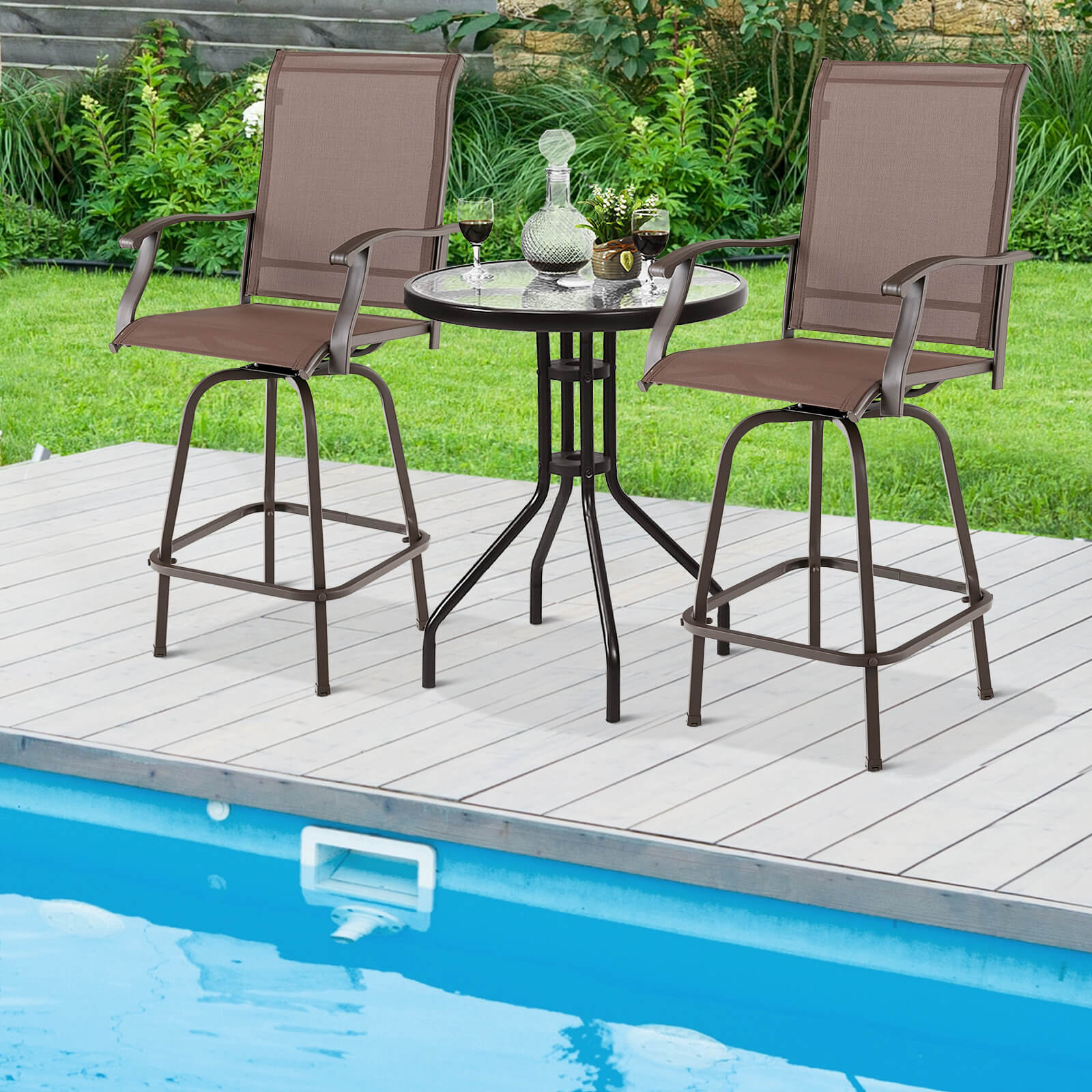 Swivel Bar Stool with High Back and Footrest for Backyard-Brown-2 Pack