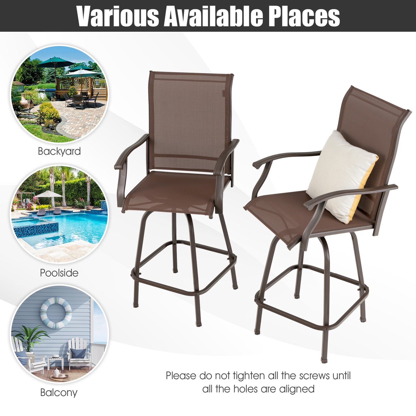 Swivel Bar Stool with High Back and Footrest for Backyard-Brown-2 Pack