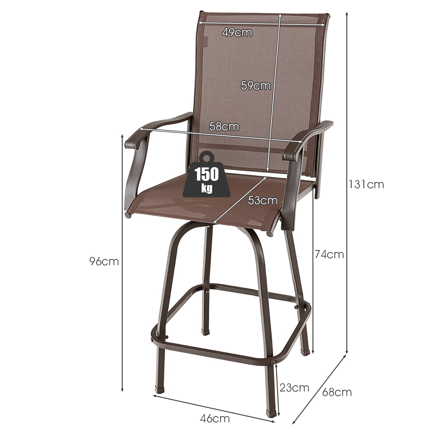Swivel Bar Stool with High Back and Footrest for Backyard-Brown-2 Pack