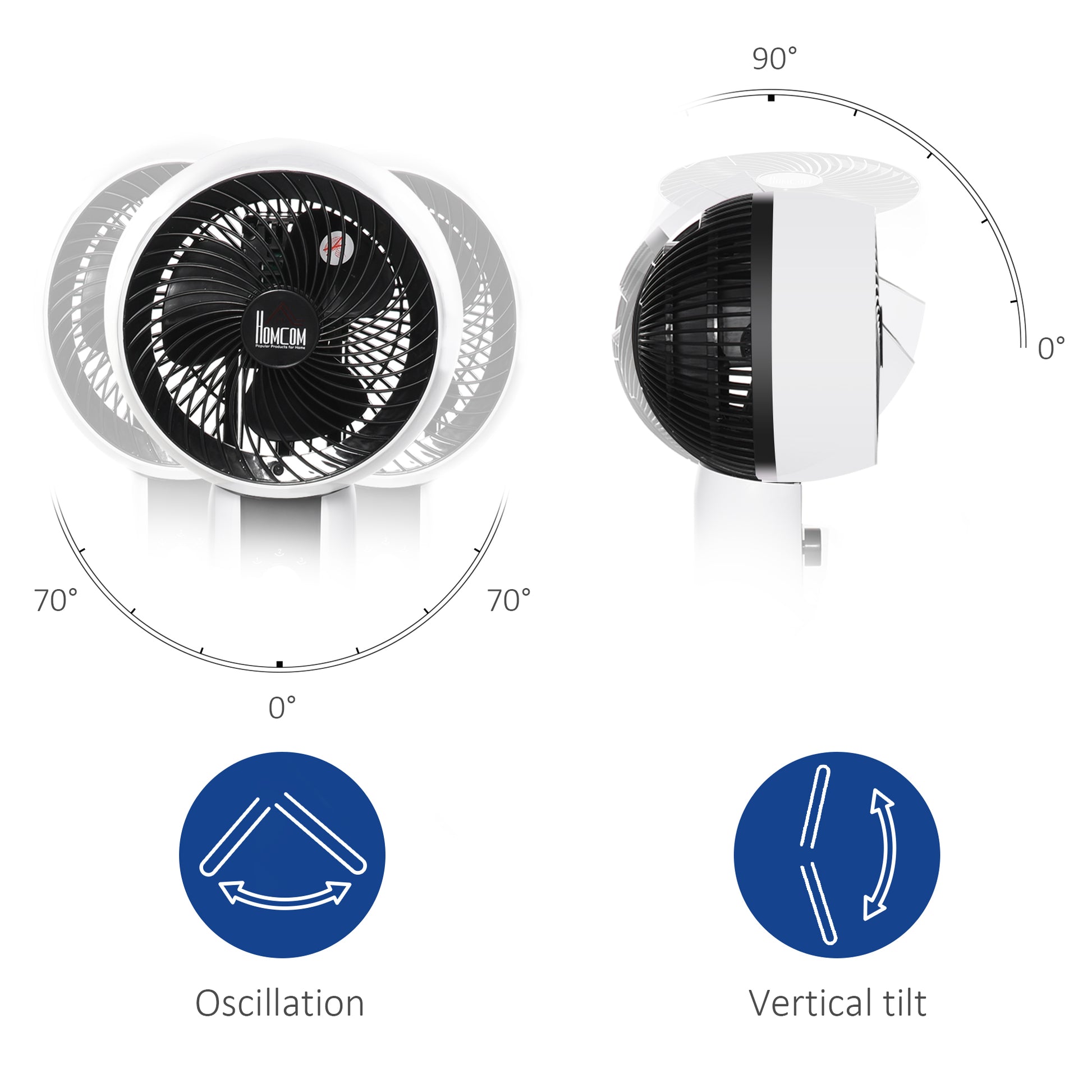 HOMCOM 32'' Air Circulator Fan 3 Speed, 70° Oscillation 90° Vertical Tilt, Round Base, Carry Handle, for Living Room, Bedroom, Office, Black and White