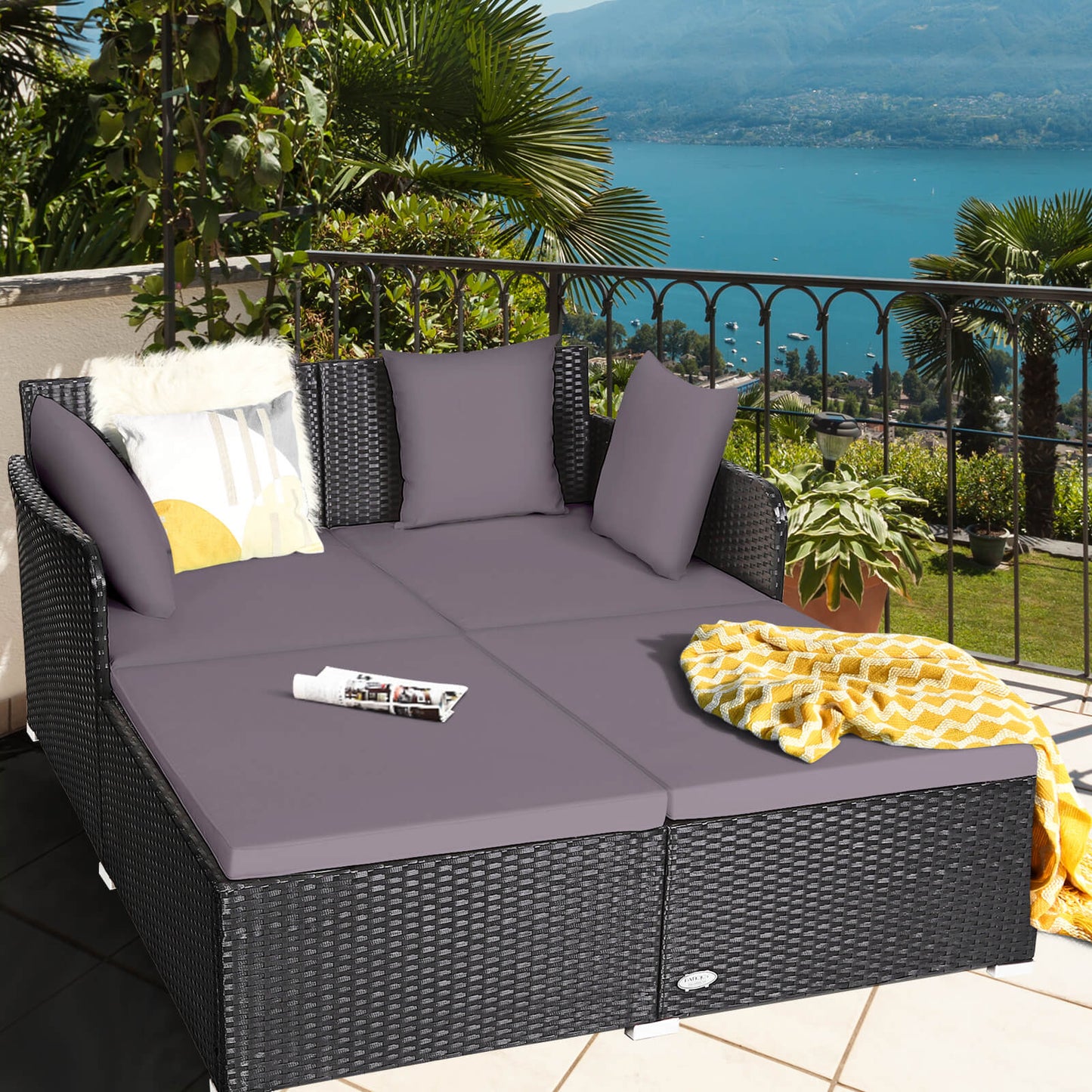Rattan Garden 2 Seater Daybed Furniture Set  with Cushions-Grey