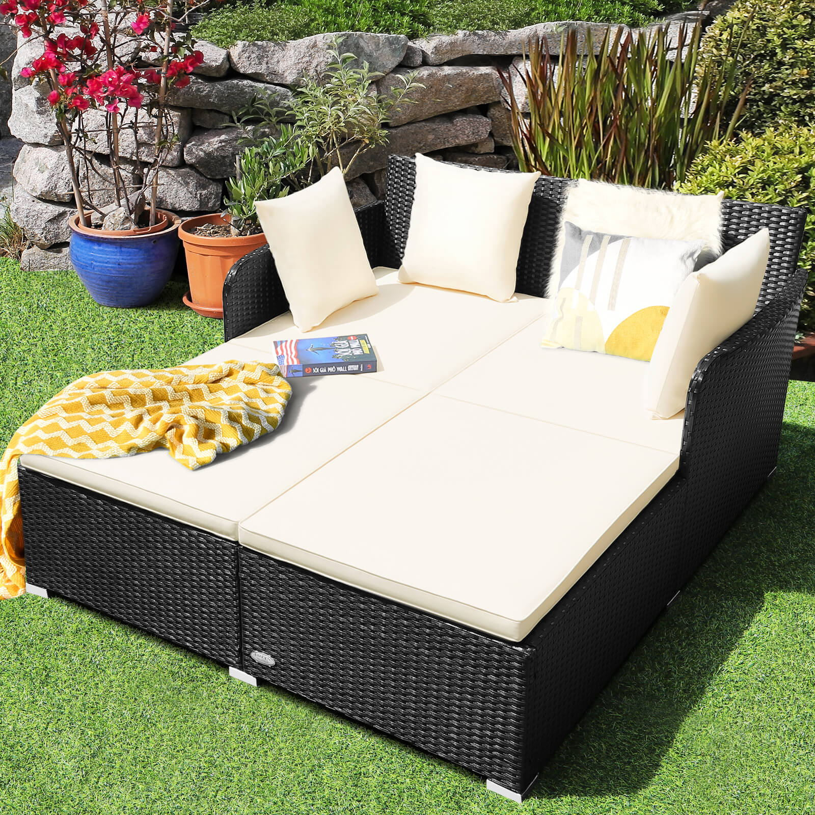 Rattan Garden 2 Seater Daybed Furniture Set  with Cushions-White