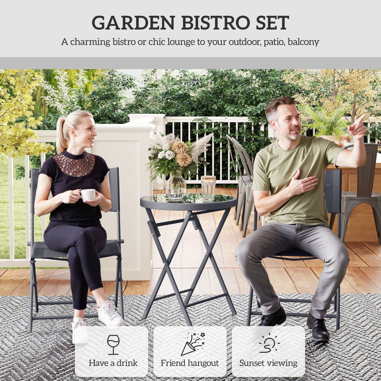 Outsunny 3 Pieces Outdoor Bistro Set, Glass Top Outdoor Table and 2 Folding Chairs with Protecting Feet, Grey